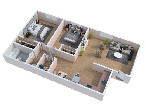 a bedroom with a living room and a dining room